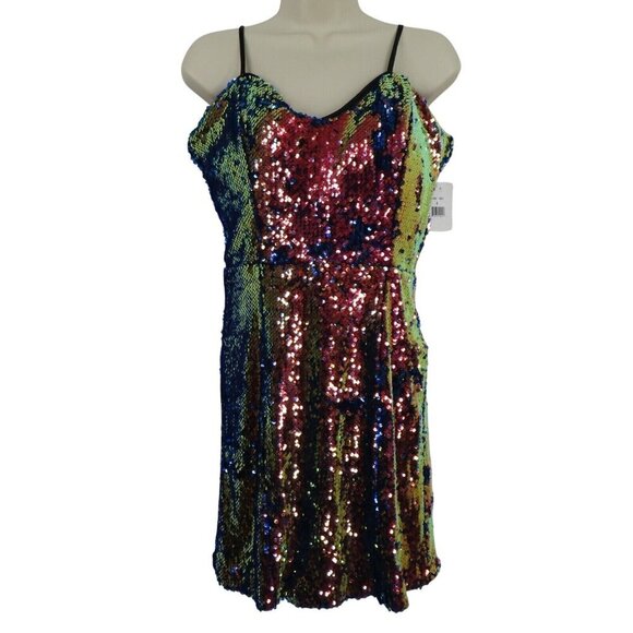 Midnight Doll Juniors 9 Multicolor Oil Slick Sequin Sweetheart Dress Shiny NEW - Picture 1 of 11
